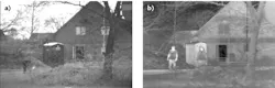 FIGURE 2. Visible (a) and infrared (b) images of a cottage are used to illustrate some basic techniques in image fusion. FIGURE 2. Visible (a) and infrared (b) images of a cottage are used to illustrate some basic techniques in image fusion.