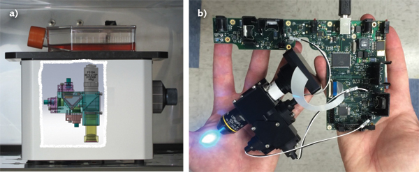 Microscope design without oculars is greatly simplified (a); Etaluma&rsquo;s optics module is shown (b).
