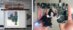 Microscope design without oculars is greatly simplified (a); Etaluma’s optics module is shown (b). Microscope design without oculars is greatly simplified (a); Etaluma’s optics module is shown (b).