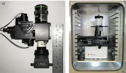 FIGURE 3. This compact, high-resolution, three-color fluorescence microscope module uses LED excitation, multiband filters, and a CMOS camera to provide high sensitivity and no pixel shift composites (a); reduced size and power needs enable new applications (b). FIGURE 3. This compact, high-resolution, three-color fluorescence microscope module uses LED excitation, multiband filters, and a CMOS camera to provide high sensitivity and no pixel shift composites (a); reduced size and power needs enable new applications (b).