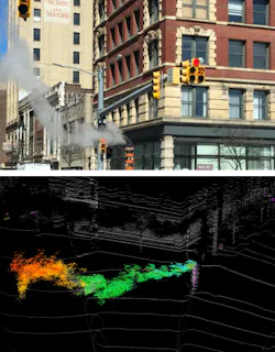 FIGURE 4. A photograph of a smokestack above a sewer vent in downtown Detroit (a) is compared to a Blackmore lidar image of the same scene, again colorized by velocity (b); the motion of the steam is evident. FIGURE 4. A photograph of a smokestack above a sewer vent in downtown Detroit (a) is compared to a Blackmore lidar image of the same scene, again colorized by velocity (b); the motion of the steam is evident.