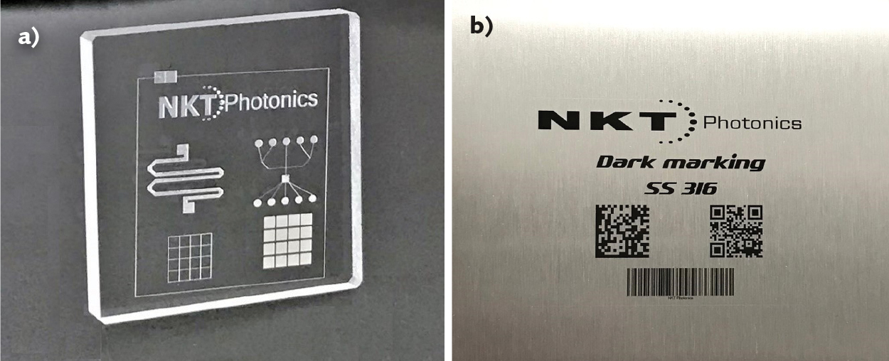 FIGURE 1. Glass marked and engraved for lab-on-chip devices (a) and stainless steel marked with permanent, high-contrast, high-resolution graphics (b) were both accomplished using an Origami ultrashort-pulsed laser. (Courtesy of Optek Systems)