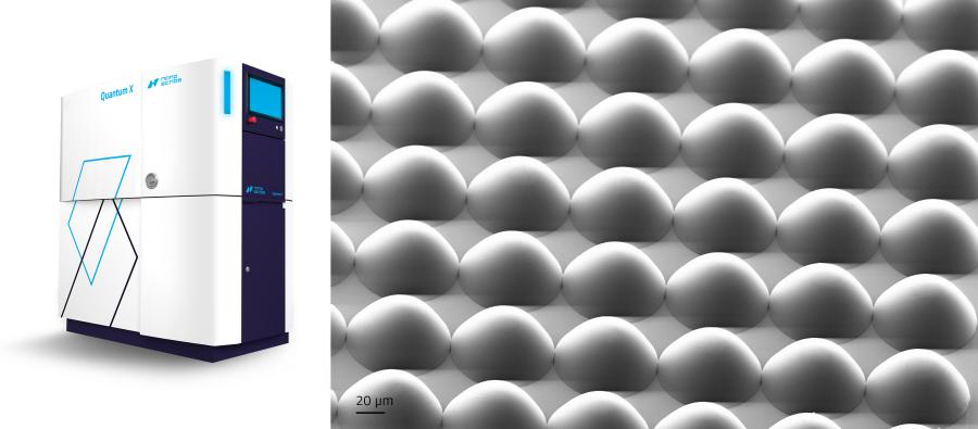 Microlens array (right) fabricated by Nanoscribe's Quantum X (left).