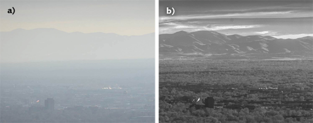 Images of Utah's Salt Lake Valley captured in visible light (left) and shortwave infrared (SWIR; right) illustrate how SWIR imaging can cut through haze.