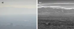Images of Utah's Salt Lake Valley captured in visible light (left) and shortwave infrared (SWIR; right) illustrate how SWIR imaging can cut through haze. Images of Utah's Salt Lake Valley captured in visible light (left) and shortwave infrared (SWIR; right) illustrate how SWIR imaging can cut through haze.