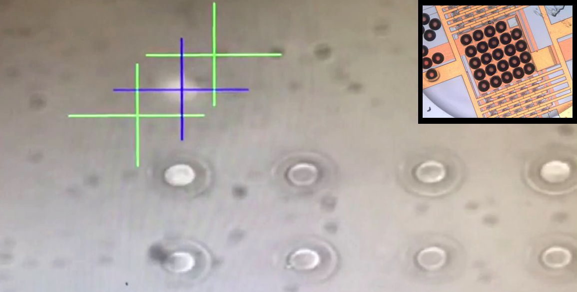 A still from a video (link below) shows polymer microdisks being transferred to glass via laser catapulting. Laser catapulting can also be used to fabricate an array of microlenses directly on top of a photodetector array (inset), useful for directing more light onto the most sensitive parts of the detector.