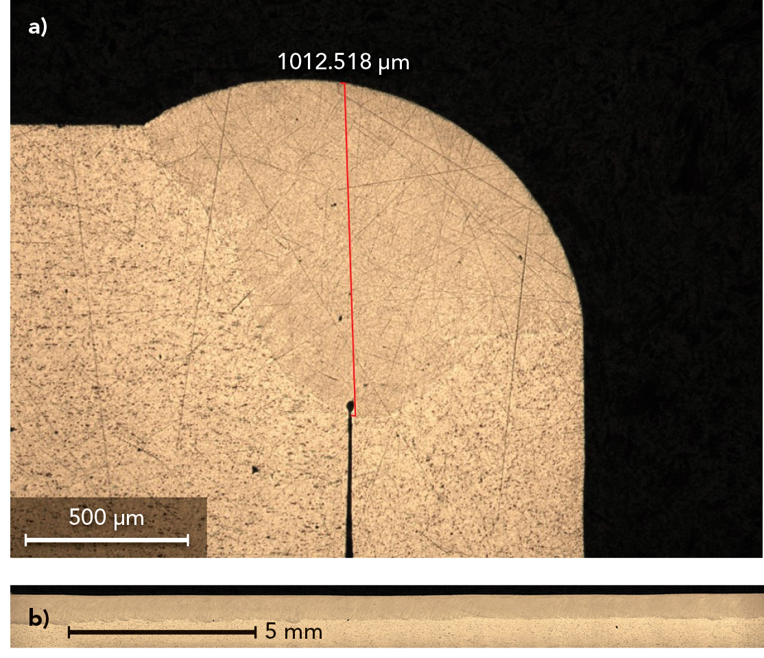 FIGURE 1. An aluminum prismatic battery seam seal is shown, where the cross-section (a) and longitudinal section (b) clearly show no porosity.