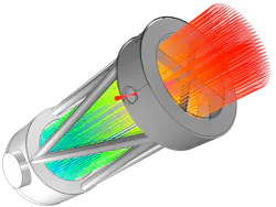 FIGURE 4. A Newtonian telescope design is subjected to Multiphysics simulation of gravitational forces and their effects on the optics. Similar simulations can be done on designs of illumination optics subjected to light-based thermal effects on refractive index and mechanical deformations. FIGURE 4. A Newtonian telescope design is subjected to Multiphysics simulation of gravitational forces and their effects on the optics. Similar simulations can be done on designs of illumination optics subjected to light-based thermal effects on refractive index and mechanical deformations.