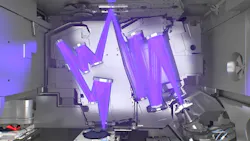 FIGURE 1. Inside ASML’s EUV lithographic scanner is a reflective optical system operating at a 13.5 nm wavelength. The EUV source is at bottom right and the mask is at top. FIGURE 1. Inside ASML’s EUV lithographic scanner is a reflective optical system operating at a 13.5 nm wavelength. The EUV source is at bottom right and the mask is at top.
