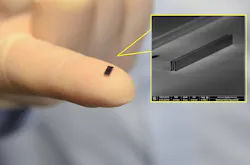 FIGURE 3. The distance between the two rows of pillars in this laser-based microchip particle accelerator is only 420 nm. FIGURE 3. The distance between the two rows of pillars in this laser-based microchip particle accelerator is only 420 nm.