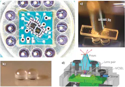 FIGURE 3. High-precision optical mounting of the assembly is shown. Under a microscope, two VCSEL chips are aligned with high precision and wire-bonded (a); a pair of 1 mm lenses are used (b); the distance between the two lenses is controlled by pressure induction with a MEMS jig and fixed with UV adhesive (c); and the prism position is controlled and fixed by active alignment with eight screws (d). FIGURE 3. High-precision optical mounting of the assembly is shown. Under a microscope, two VCSEL chips are aligned with high precision and wire-bonded (a); a pair of 1 mm lenses are used (b); the distance between the two lenses is controlled by pressure induction with a MEMS jig and fixed with UV adhesive (c); and the prism position is controlled and fixed by active alignment with eight screws (d).