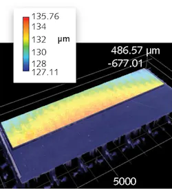 FIGURE 5. The HPLD bar flatness profile measured with a VR5000 3D surface profilometer (courtesy of Keyence) shows that the front facet edge where laser radiation is emitted has a flatness is in the range of 130 μm ±1 μm or a mechanical smile range of less than 2 μm, which is acceptable for AuSn eutectic bonding. FIGURE 5. The HPLD bar flatness profile measured with a VR5000 3D surface profilometer (courtesy of Keyence) shows that the front facet edge where laser radiation is emitted has a flatness is in the range of 130 μm ±1 μm or a mechanical smile range of less than 2 μm, which is acceptable for AuSn eutectic bonding.