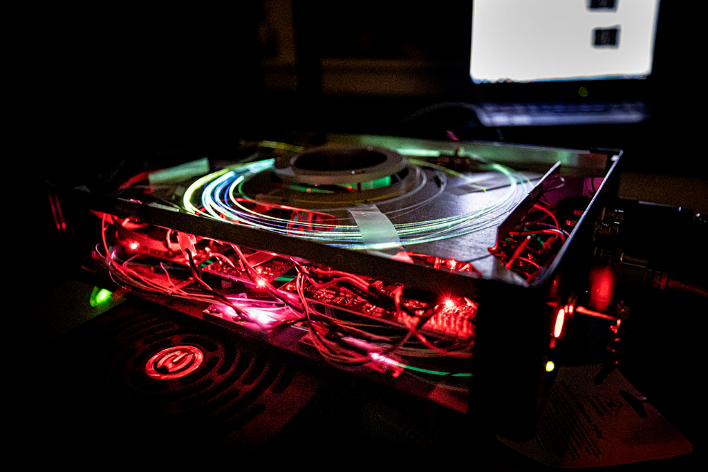 Shown is the concussion-detecting laser setup.