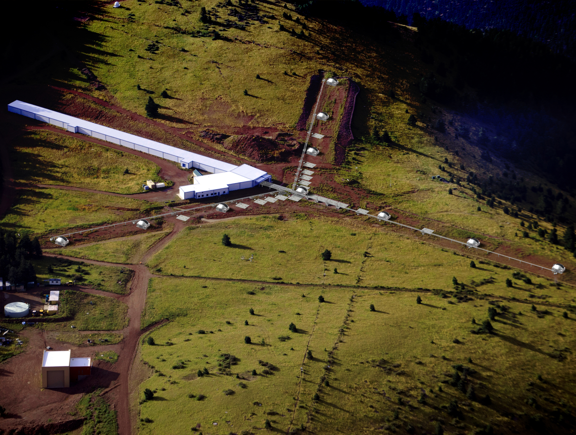 A photograph of the 10-telescope MRO Interferometer facility, with drawings of the telescopes superimposed, is shown.