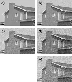 FIGURE 5. Original image Gaussian noise is shown in (a), while added images with sigma are shown in 20 (b), 30 (c), 40 (d), and 50 (e). FIGURE 5. Original image Gaussian noise is shown in (a), while added images with sigma are shown in 20 (b), 30 (c), 40 (d), and 50 (e).