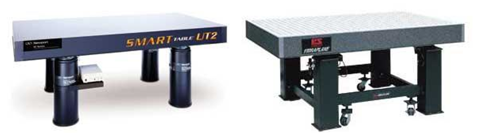 FIGURE 1. The Newport ST-UT2 Series optical table can be upgraded with an iQ active damper system (shown) without dismantling your experiment (left; Courtesy of Newport). The 5300 Series optical table from Kinetic Systems features broadband damping plus quad-tuned dampers in each corner. Retractable castors are an optional accessory (right; Courtesy of Kinetic Systems).