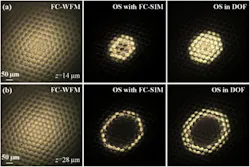 Imaging of a compound eye at different depths of (a) 14 μm and (b) 28 μm acquired with FC-WFM method, OS with FC-SIM method, and the OS extracted in the DOF with proposed FC-WFM-Deep, respectively. Imaging of a compound eye at different depths of (a) 14 μm and (b) 28 μm acquired with FC-WFM method, OS with FC-SIM method, and the OS extracted in the DOF with proposed FC-WFM-Deep, respectively.
