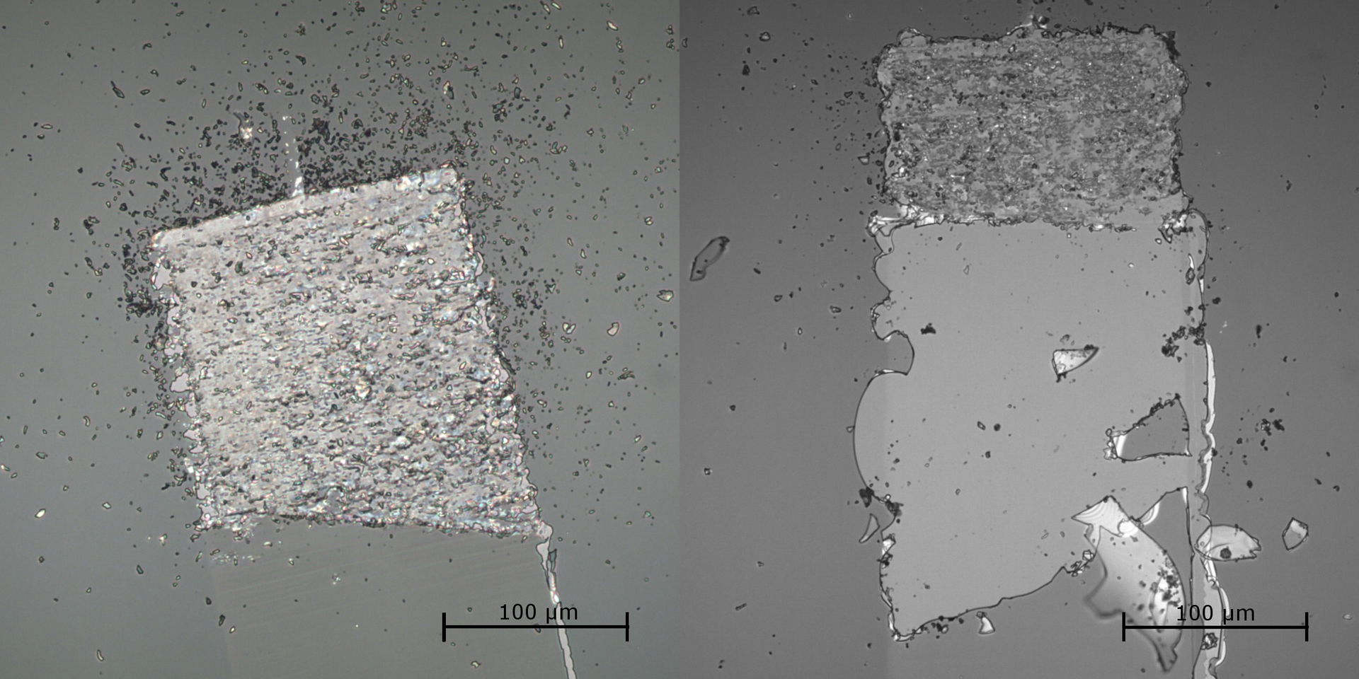 When subjected to a scanning scratch test, a HfO2 coating with a total thickness of 270 nm failed by abrasion (a), while a 969 nm thick coating delaminated (b).