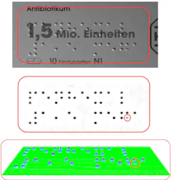 FIGURE 3. The DotScan inspection system reads Braille dots and assesses their tactile quality with high accuracy against a background of other pharmaceutical text labels using shape-from-shading (SfS) technology for 3D surface reconstruction. FIGURE 3. The DotScan inspection system reads Braille dots and assesses their tactile quality with high accuracy against a background of other pharmaceutical text labels using shape-from-shading (SfS) technology for 3D surface reconstruction.