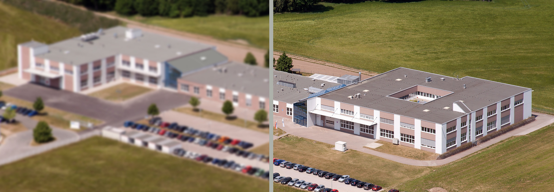 FIGURE 1. An aerial image of a building is shown with (right) and without (left) image stabilization and resolution enhancement.