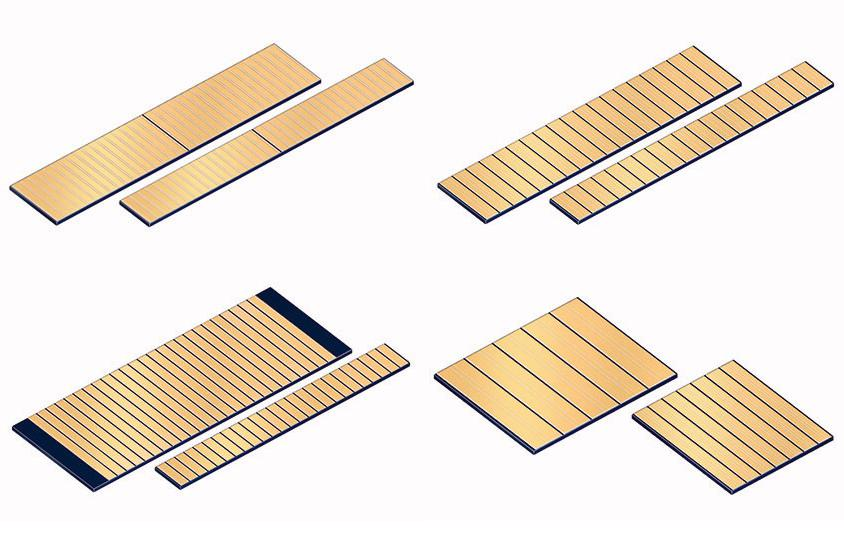 FIGURE 1. These unmounted pump laser-diode chips made by OSRAM Opto Semiconductors include high-power quasi-continuous-wave (QCW) bars (top left), low-fill-factor CW bars (top right), high-power CW bars (bottom left), and tailored mini-bars (bottom right).