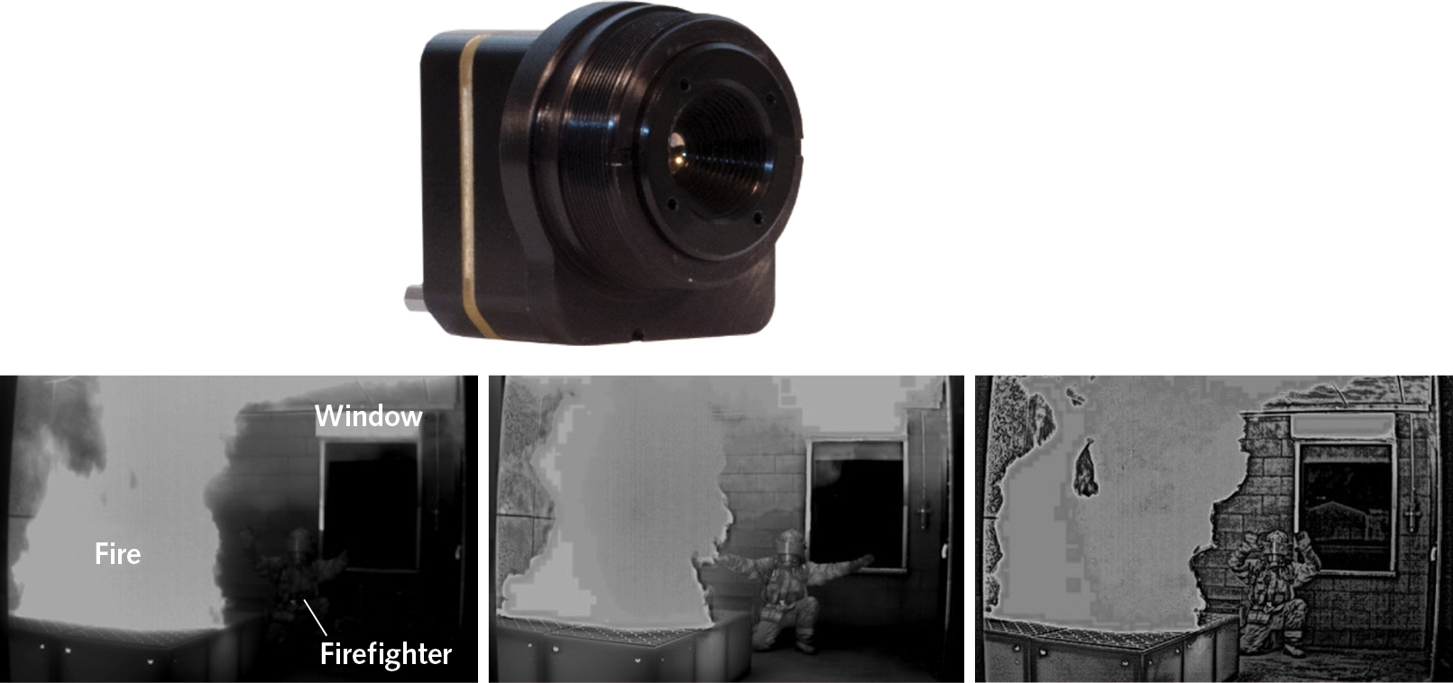 FIGURE 1. DRS&rsquo;s Image Contrast Enhancement (ICE) algorithm, available on the company&rsquo;s Tenum 640 (top) and other of its cameras, is based upon the company&rsquo;s patented Enhanced Multiresolution Local Area Processing (emLAP); DRS says that emLAP stably preserves the maximum visual content throughout the spectrum of the original sensor output with a user-definable degree of detail enhancement (lower images). EmLAP maps wide-dynamic-range sensor data into a clear lower-dynamic-range image sequence with smooth and stable transitions, including between dramatically different scene dynamics and temperature extremes. Notice that in the typical image at left, the firefighter is almost invisible. More details are visible in the low mode at center. In the highly enhanced image at right, many more details are visible, including a building that can be seen through the open window.