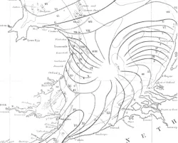 FIGURE 1. Lines of peak tide amplitude at a particular hour (numbered) form a vortex surrounding a central region where tidal amplitude is zero, as William Whewell discovered in the 1830s. FIGURE 1. Lines of peak tide amplitude at a particular hour (numbered) form a vortex surrounding a central region where tidal amplitude is zero, as William Whewell discovered in the 1830s.