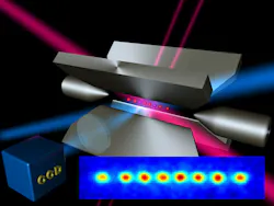 Applying voltages to the poles of a linear trap can hold a string of ions (red dots, also shown in inset) in a straight line at the center of the trap for days. Each atom is a qubit. Laser beams can manipulate them, and their values can be read out by a CCD as the presence or absence of fluorescence. Applying voltages to the poles of a linear trap can hold a string of ions (red dots, also shown in inset) in a straight line at the center of the trap for days. Each atom is a qubit. Laser beams can manipulate them, and their values can be read out by a CCD as the presence or absence of fluorescence.