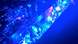 FIGURE 1. In this fully diode-pumped ultrafast Ti:sapphire oscillator-amplifier system, the Kerr-lens-modelocked Ti:sapphire oscillator is pumped with a single-emitter 465 nm diode (3.1 W), while the amplifier is pumped by either high-power fiber-coupled 450 nm diodes (up to 100 W), or spatially/spectrally combined 465/450 nm single emitters (up to 30 W), and is cryogenically cooled. FIGURE 1. In this fully diode-pumped ultrafast Ti:sapphire oscillator-amplifier system, the Kerr-lens-modelocked Ti:sapphire oscillator is pumped with a single-emitter 465 nm diode (3.1 W), while the amplifier is pumped by either high-power fiber-coupled 450 nm diodes (up to 100 W), or spatially/spectrally combined 465/450 nm single emitters (up to 30 W), and is cryogenically cooled.