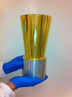 The thermal shield for the lunar corner-cube retroreflector is coated with Laser Gold to allow measurements critical in understanding dark energy and matter. The thermal shield for the lunar corner-cube retroreflector is coated with Laser Gold to allow measurements critical in understanding dark energy and matter.