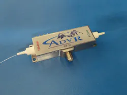 FIGURE 2. The AdvR Monolithic Second Harmonic Modulator (MSM) combines frequency conversion and phase modulation capability into a single fiber coupled KTP waveguide. The pictured unit takes a 1064 nm input signal and produces a modulated 532 nm output for use in many applications in atomic interferometry and laser locking. FIGURE 2. The AdvR Monolithic Second Harmonic Modulator (MSM) combines frequency conversion and phase modulation capability into a single fiber coupled KTP waveguide. The pictured unit takes a 1064 nm input signal and produces a modulated 532 nm output for use in many applications in atomic interferometry and laser locking.