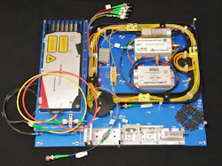 FIGURE 3. A laser frequency locking system utilizing the AdvR MSM has an input from a 1064 nm fiber laser that is spectrally formatted through frequency conversion and phase modulator in the MSM to frequency lock the system to an iodine vapor reference cell. FIGURE 3. A laser frequency locking system utilizing the AdvR MSM has an input from a 1064 nm fiber laser that is spectrally formatted through frequency conversion and phase modulator in the MSM to frequency lock the system to an iodine vapor reference cell.