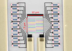 This false-color scanning electron microscopy image shows a 24-pixel photon-number-resolving-detector (PNRD), with each pixel consisting of a meandering-path niobium nitride (NbN) superconducting nanowire. The detector has applications in quantum information processing, as well as communications and NIR spectroscopy. This false-color scanning electron microscopy image shows a 24-pixel photon-number-resolving-detector (PNRD), with each pixel consisting of a meandering-path niobium nitride (NbN) superconducting nanowire. The detector has applications in quantum information processing, as well as communications and NIR spectroscopy.