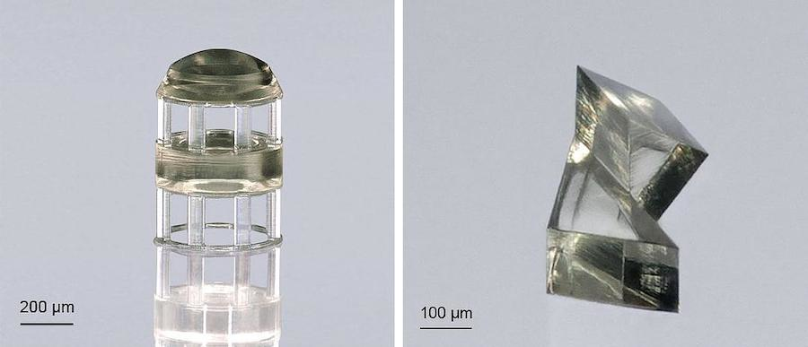 A compound lens system with two refractive elements is printed with Nanoscribe&rsquo;s IP-n162 photoresin (left). The novel printing material has a high refractive index of 1.62, which expands the opportunities in creating new types of miniaturized optical systems. (The lens system was printed by Nanoscribe, with optical design by Simon Thiele, TTI GmbH TGU Printoptics.) A double Porro prism is 3D printed with Nanoscribe&rsquo;s 3D microfabrication technology and the new high-refractive-index material IP-n162 (right).