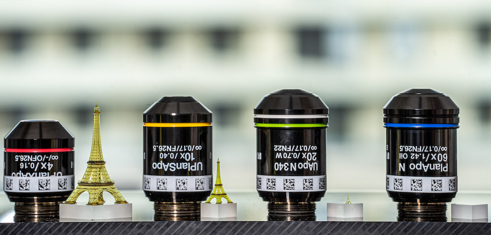 Using a 2PP 3D printer, four polymer models of the Eiffel Tower with sizes of (from left to right) 40, 15, 3, and 0.2 mm in size were printed; each printed part is shown next to the objective used to print it. Printing times for the parts from left to right were 8h 49m, 1h 29m, 37m, and 27m respectively.