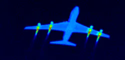 FIGURE 1. The infrared signature of a typical commercial airliner in the 3–5 µm band shows strong thermal emission from the engines—an easy target for heat-seeking missiles. FIGURE 1. The infrared signature of a typical commercial airliner in the 3–5 µm band shows strong thermal emission from the engines—an easy target for heat-seeking missiles.