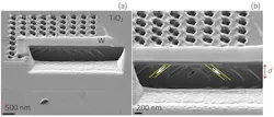 FIGURE 3. Scanning-ion microscopy images of the ion-beam sculptured photonic crystal structure in rutile-titania single crystal are shown at different magnifications; d is the depth of the structure at a π/4 tilt. Tungsten coating was used for sectioning of the fabricated structure. FIGURE 3. Scanning-ion microscopy images of the ion-beam sculptured photonic crystal structure in rutile-titania single crystal are shown at different magnifications; d is the depth of the structure at a π/4 tilt. Tungsten coating was used for sectioning of the fabricated structure.