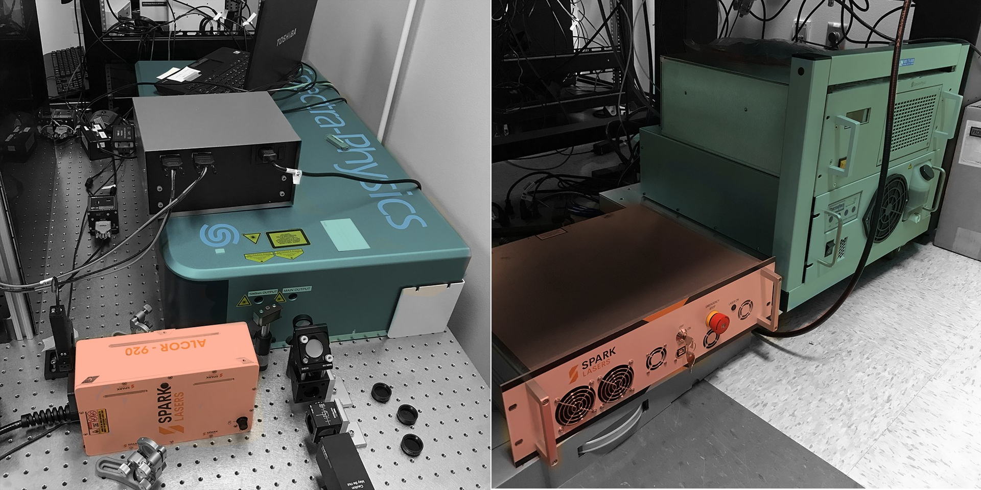 Fixed-wavelength ultrafast lasers (left) and power supplies (right) are more compact than their tunable Ti:sapphire alternatives (fixed-wavelength laser and power supply are orange; tunable are blue-green). However, for two-photon microscopy, each laser technology has its advantages and disadvantages that the researcher must carefully consider.