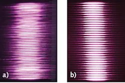 FIGURE 9. Laser images at 30 cm from high-SMILE DMCC vertical stack (a) and low-SMILE DMCC vertical stack (b) collimated by FAC lenses. FIGURE 9. Laser images at 30 cm from high-SMILE DMCC vertical stack (a) and low-SMILE DMCC vertical stack (b) collimated by FAC lenses.