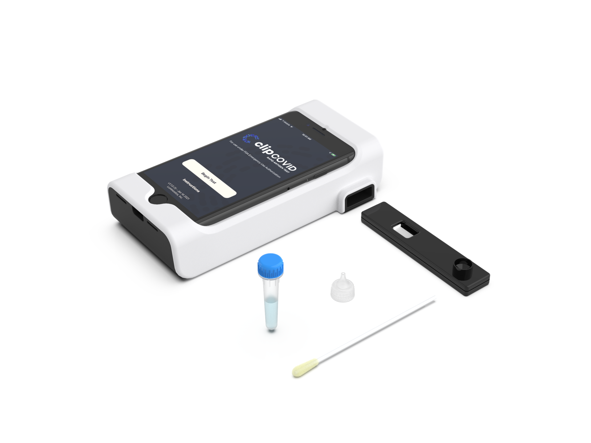 The reusable iPhone-based Clip Analyzer, the Clip COVID iOS app, and the single-use Cartridge, Swab, Extraction Tube, and Dropper Tip comprise the Clip COVID rapid antigen test.