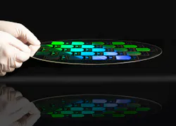 FIGURE 4. Each SCHOTT RealView 300 mm high-index wafer (nd = 1.9) features 24 eyepieces designed by WaveOptics, imprinted via EVG’s NIL process with index-matching resin from Inkron. FIGURE 4. Each SCHOTT RealView 300 mm high-index wafer (nd = 1.9) features 24 eyepieces designed by WaveOptics, imprinted via EVG’s NIL process with index-matching resin from Inkron.