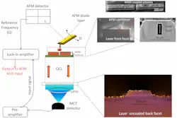 A near-field scanning-optical microscope is used to measure the electromagnetic field enhancement enabled by a plasmonic nano-antenna coupled to the front facet of a quantum cascade laser. The local field enhancement makes the device promising for future mid-IR biosensor applications. A near-field scanning-optical microscope is used to measure the electromagnetic field enhancement enabled by a plasmonic nano-antenna coupled to the front facet of a quantum cascade laser. The local field enhancement makes the device promising for future mid-IR biosensor applications.