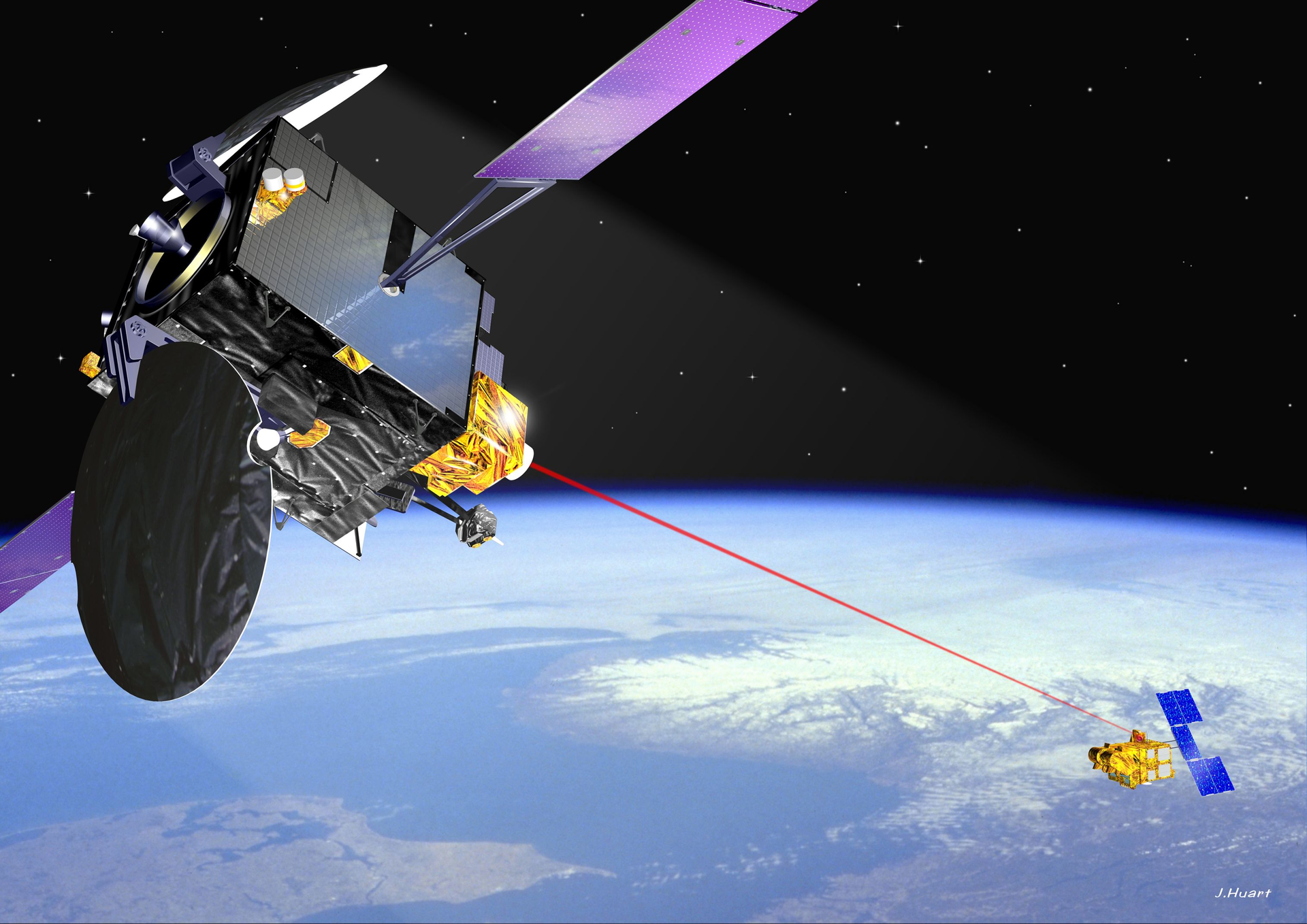 FIGURE 1. An illustration shows a typical satellite-to-satellite free-space optical communications application.