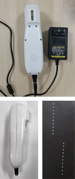 FIGURE 4. A home-use, non-ablative 1470 nm fractional laser demo system (200g, 210 × 55 × 60 mm3) at Focuslight and the spots it generates. FIGURE 4. A home-use, non-ablative 1470 nm fractional laser demo system (200g, 210 × 55 × 60 mm3) at Focuslight and the spots it generates.