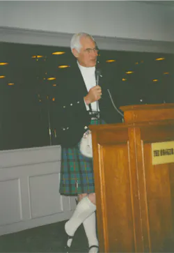 Angus MacLeod in his native stockings at the Boulder Damage Symposium 1993. Angus MacLeod in his native stockings at the Boulder Damage Symposium 1993.