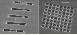 FIGURE 5. Micrographs of diffuser/nozzle prototypes (left) and an array of vertical nozzles (right) laser-etched into silicon demonstrate production of three-dimensional structures using laser micromachining with an argon-ion laser emitting at 488 nm. FIGURE 5. Micrographs of diffuser/nozzle prototypes (left) and an array of vertical nozzles (right) laser-etched into silicon demonstrate production of three-dimensional structures using laser micromachining with an argon-ion laser emitting at 488 nm.