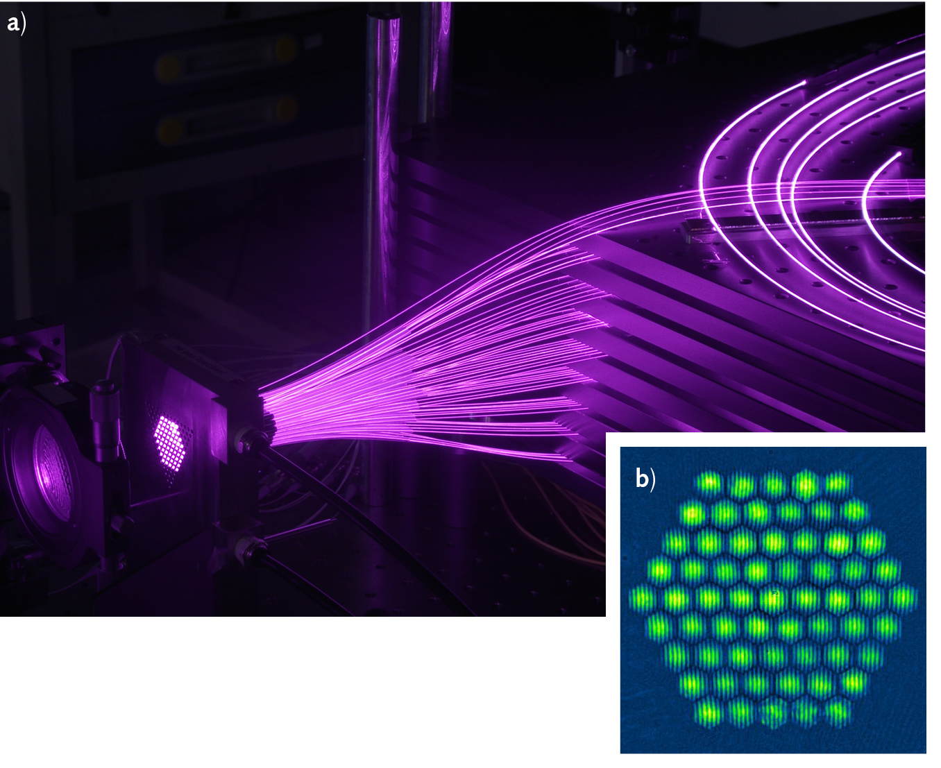 FIGURE 1. Shown are XCAN&rsquo;s 61 Yb-doped fiber amplifier bundle (a) and its near-field interference pattern (b).