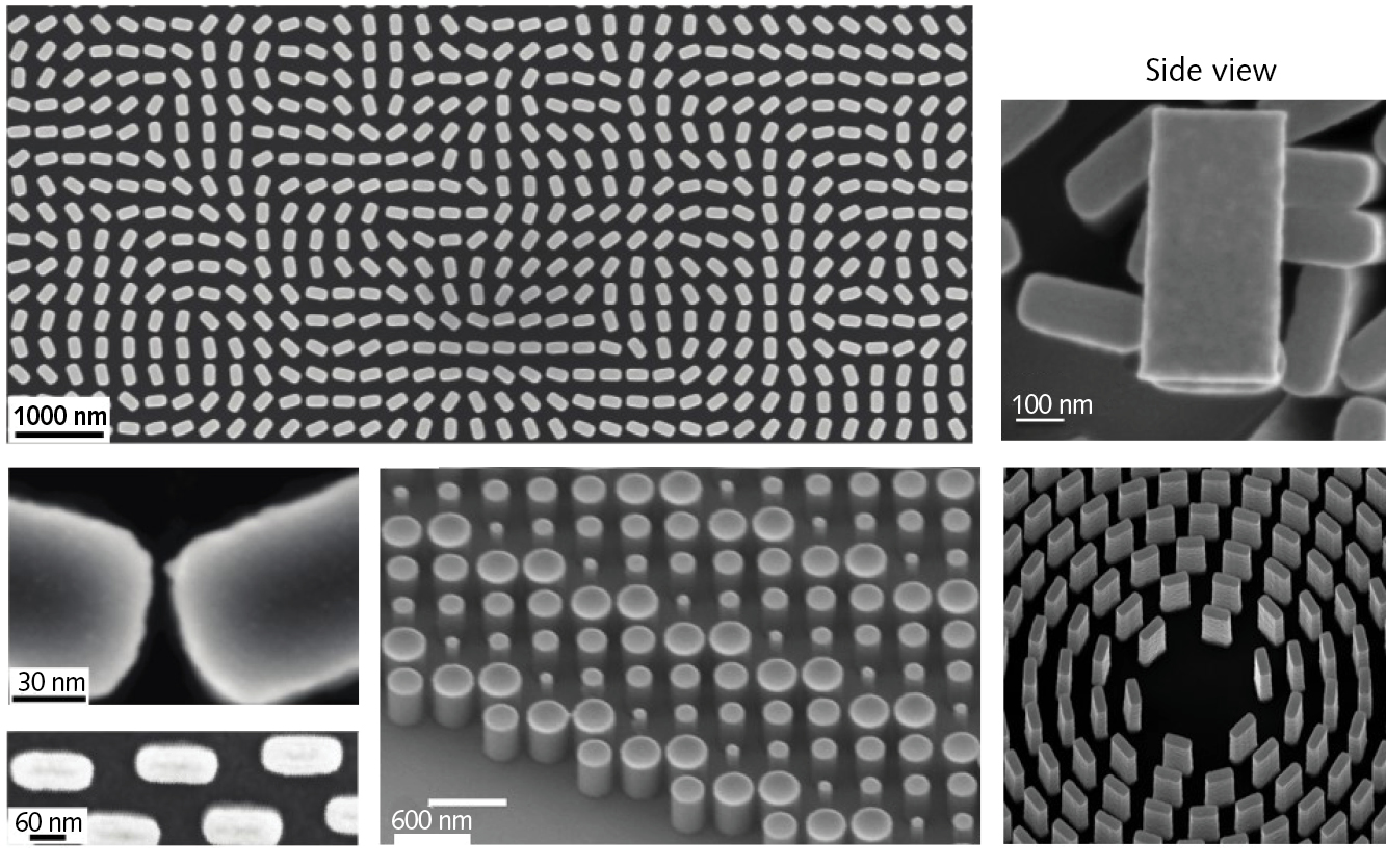 FIGURE 1. Subwavelength pillars of TiO2 form simple metalenses on millimeter-scale substrates, with scale shown. Their shapes, sizes and arrangement control bending of light that enters the metalenses vertically.