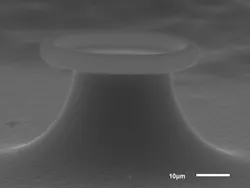 FIGURE 4. Researchers at USC have demonstrated the first integrated, submilliwatt erbium:ytterbium microlaser fabricated on a silicon platform–amenable to integration with other silicon components to address applications in communications and chemical-agent detection. A scanning electron micrograph shows the microlaser fabricated on a silicon wafer. FIGURE 4. Researchers at USC have demonstrated the first integrated, submilliwatt erbium:ytterbium microlaser fabricated on a silicon platform–amenable to integration with other silicon components to address applications in communications and chemical-agent detection. A scanning electron micrograph shows the microlaser fabricated on a silicon wafer.