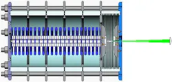 FIGURE 3. In the laser-triggered gas switch, a focused laser beam is responsible for generating a small spark about the size of a sewing needle. At the ends of the laser spark, enhanced electric fields cause breakdown of the SF6 gas and multiple arcs propagate along the switch backbone. When an arc reaches the far electrode of the switch, about 1 m away, the switch is shorted and 'turns on.' FIGURE 3. In the laser-triggered gas switch, a focused laser beam is responsible for generating a small spark about the size of a sewing needle. At the ends of the laser spark, enhanced electric fields cause breakdown of the SF6 gas and multiple arcs propagate along the switch backbone. When an arc reaches the far electrode of the switch, about 1 m away, the switch is shorted and 'turns on.'